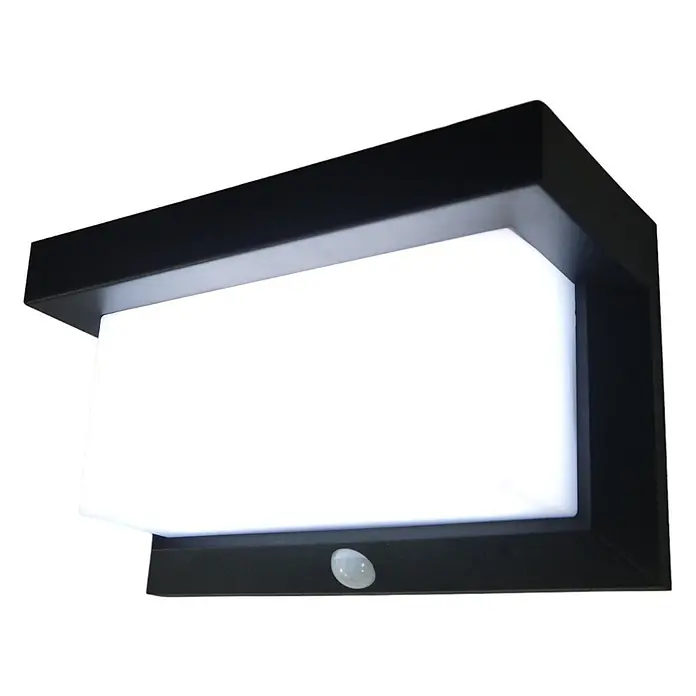 DAPO Solar-Außenwandleuchte Solar-Wandleuchte "All weather" - L x B x H: 9 x 21 x 12 cm, IP44 - Schwarze rechteckige Außenwandleuchte mit weißem Diffusor und eingebautem Bewegungsmelder.