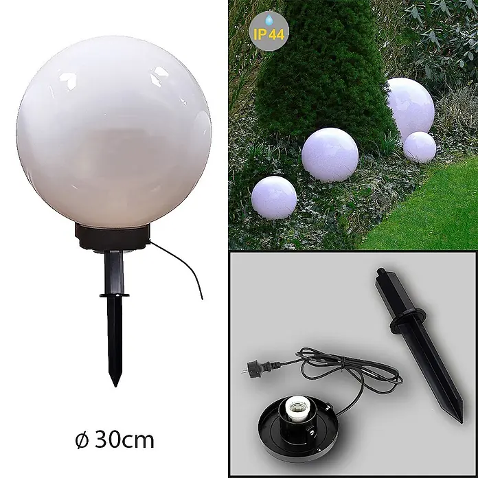 DAPO Kugelleuchte Kugelleuchte Marlon 30 cm - 30 cm, Weiß, Netzbetrieben - Weiße kugelförmige Außenleuchte mit Erdspieß, Ø 30cm, IP44 für den Garten.