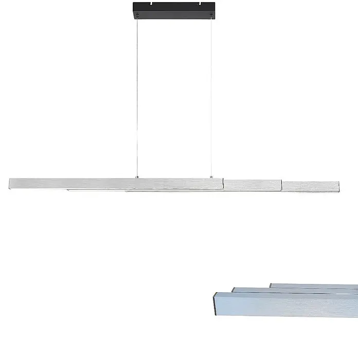 DAPO LED-Pendelleuchte Pendelleuchte "Oslo" ausziehbar, Dimmbar - L x B x H: 125 x 6,8 x 150 cm, Silber, Neutralweiß - Moderne, gebürstete silberne lineare LED-Pendelleuchte, aufgehängt an einer schwarzen rechteckigen Deckenhalterung.