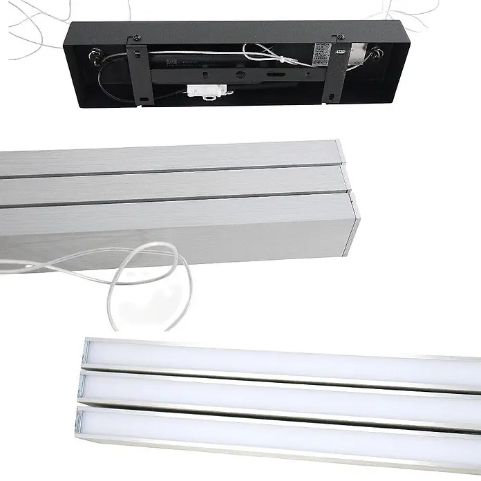 DAPO LED-Pendelleuchte Pendelleuchte "Oslo" ausziehbar, Dimmbar - L x B x H: 125 x 6,8 x 150 cm, Silber, Neutralweiß - Schwarzes lineares LED-Lichtsystem mit silberfarbenen linearen LED-Leisten, sowohl ausgeschaltet als auch beleuchtet gezeigt.