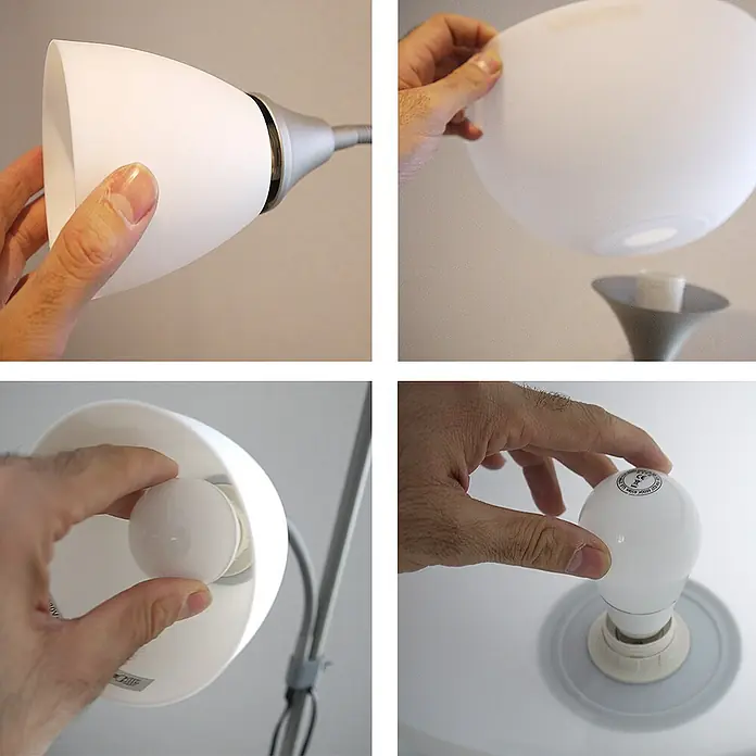 DAPO LED-Deckenfluter Stehleuchte Kora titan mit Leseleuchte - 23 W, Höhe: 178 cm, Titan, Weiß - Austausch einer weißen Glühbirne in einer weißen Lampe.