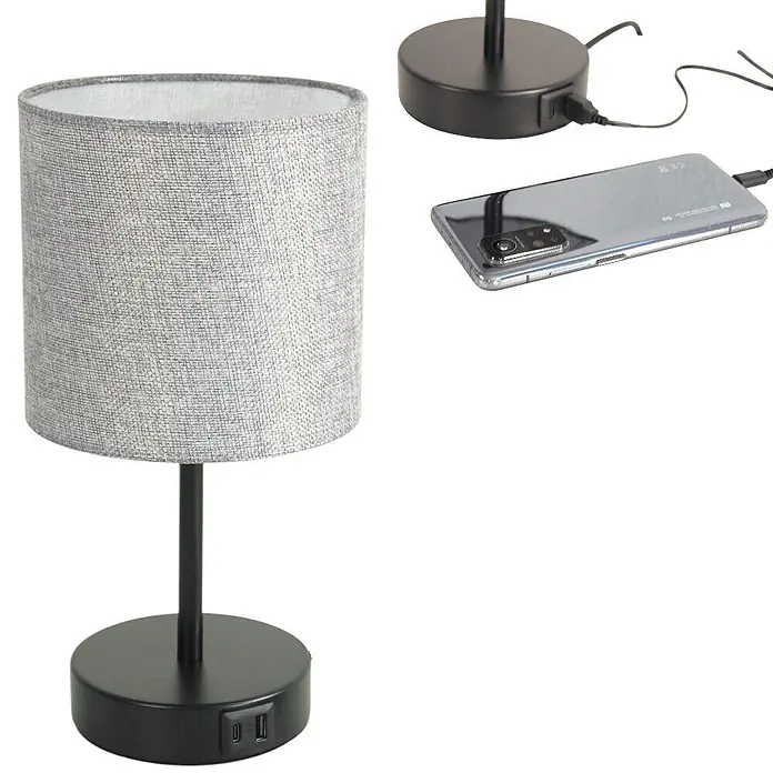 DAPO Tischleuchte Alan Schwarz / Grau mit USB Anschluss - L x B x H: 16 x 16 x 26 cm, Grau, E14 - Tischleuchte mit grauem Stoffschirm und schwarzem Fuß mit zwei USB-Ladeanschlüssen, die ein Telefon laden.