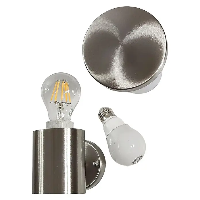 DAPO Außenwand- & Deckenleuchte Außen-Wandleuchte Siegen - Silber, Weiß, IP44 - Gebürstete Edelstahl-Leuchtenkomponente mit Glühfaden-LED-Birne, sowie separater Standard-LED-Birne und passender Metallscheibe.