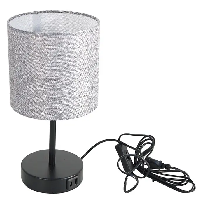 DAPO Tischleuchte Alan Schwarz / Grau mit USB Anschluss - L x B x H: 16 x 16 x 26 cm, Grau, E14 - Tischleuchte mit grauem Stoffschirm, schwarzem Fuß mit zwei USB-Ladeanschlüssen und integriertem Schalter.