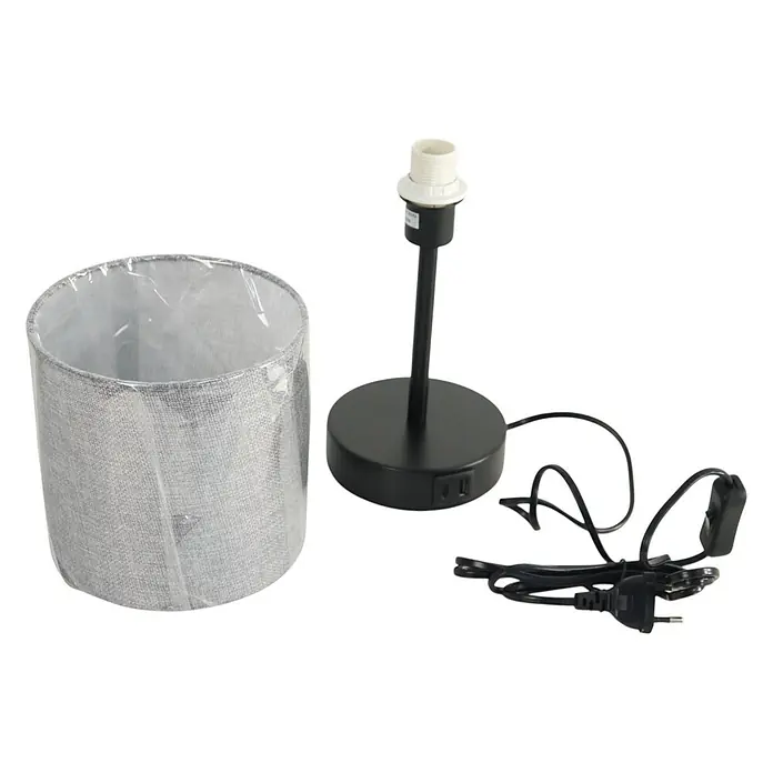 DAPO Tischleuchte Alan Schwarz / Grau mit USB Anschluss - L x B x H: 16 x 16 x 26 cm, Grau, E14 - Zerlegte Tischlampe: grauer Stoffschirm, schwarzer Sockel mit USB-Anschlüssen und Netzkabel mit Fassung.