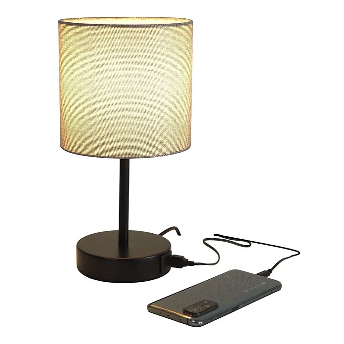 DAPO Tischleuchte Alan Schwarz / Grau mit USB Anschluss - L x B x H: 16 x 16 x 26 cm, Grau, E14 - Schwarze Tischlampe mit hellem Stoffschirm und integriertem USB-Ladeanschluss, lädt ein Smartphone.