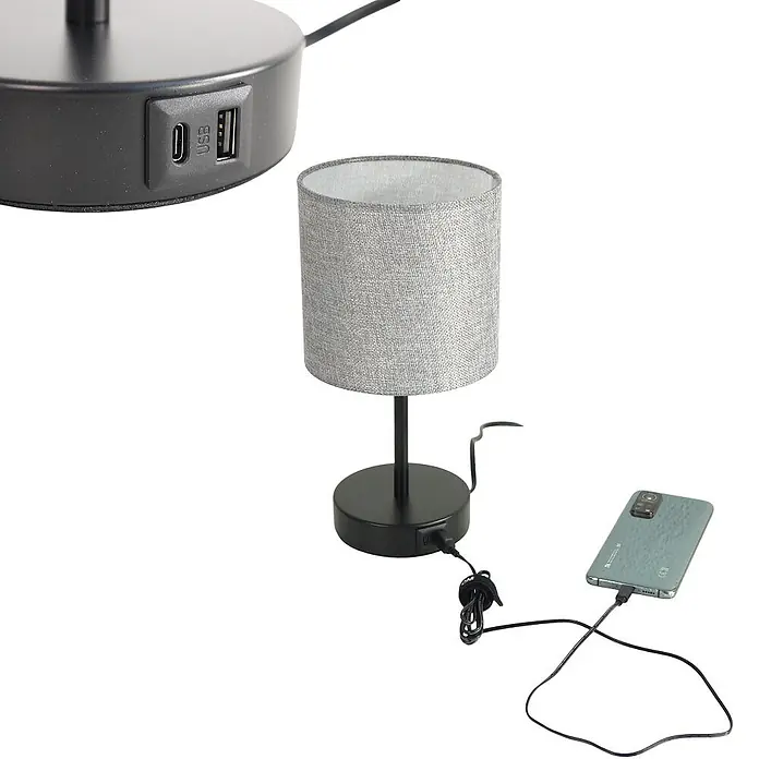 DAPO Tischleuchte Alan Schwarz / Grau mit USB Anschluss - L x B x H: 16 x 16 x 26 cm, Grau, E14 - Schwarze Tischlampe mit grauem Stoffschirm und integrierten USB-A/USB-C-Ladeanschlüssen für Geräte.