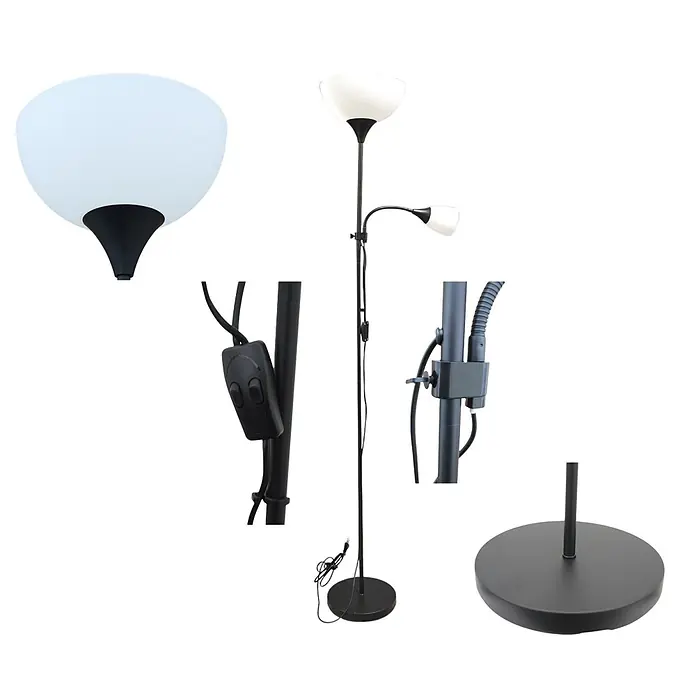 DAPO LED-Deckenfluter Stehleuchte Kora schwarz mit Leseleuchte - 23 W, Höhe: 178 cm, Schwarz, Weiß - Schwarze Stehlampe mit weißem Deckenfluter und verstellbarer Leselampe, Zweiknopf-Steuerung.