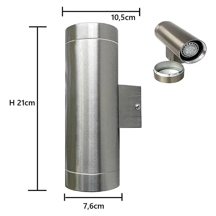 DAPO Außenwandleuchte Außen-Wandleuchte Bergen Edelstahl - 70 W, 10,5 x 7,6 x 21 cm, Silber, IP44 - Gebürstete silberne zylindrische Up- & Down-Wandleuchte mit zwei Lichtaustritten, ideal für moderne Beleuchtung.