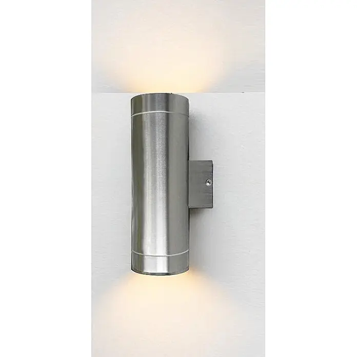 DAPO Außenwandleuchte Außen-Wandleuchte Bergen Edelstahl - 70 W, 10,5 x 7,6 x 21 cm, Silber, IP44 - Zylindrische Wandleuchte aus gebürstetem Edelstahl für Auf- und Abwärtsbeleuchtung mit warmem Licht.