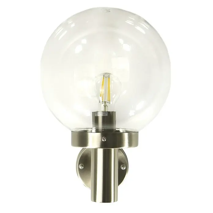 DAPO Außenwandleuchte Außen-Wandleuchte Dubrowk - 25 W, 27 x 25 x 37 cm, Silber, Klar, IP44 - Wandleuchte mit klarer Glaskugel, gebürstetem Metallgehäuse und sichtbarer LED-Glühfadenlampe.
