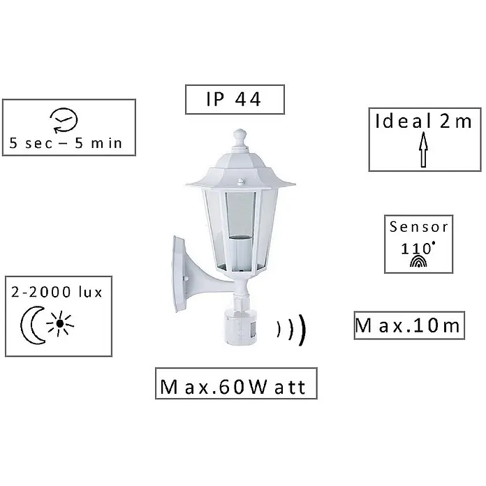 DAPO Außenwandleuchte Außenwandleuchte Kingston mit Sensor Weiß Fassung E27 - 60 W, 19,5 x 23 x 38 cm, Weiß, Klar, IP44 - Weiße Außenwandleuchte im klassischen Design mit integriertem Bewegungssensor.
