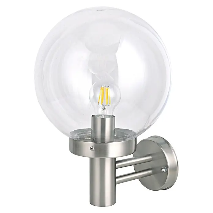 DAPO Außenwandleuchte Außen-Wandleuchte Dubrowk - 25 W, 27 x 25 x 37 cm, Silber, Klar, IP44 - Wandmontierte Außenleuchte mit kugelförmigem Klarglasschirm und gebürstetem Edelstahlgehäuse, zeigt eine LED-Filamentlampe.