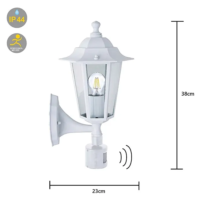 DAPO Außenwandleuchte Außenwandleuchte Kingston mit Sensor Weiß Fassung E27 - 60 W, 19,5 x 23 x 38 cm, Weiß, Klar, IP44 - Weiße Außenwandleuchte im klassischen Laternen-Design mit integriertem Bewegungsmelder und sichtbarer LED-Glühbirne. IP44.