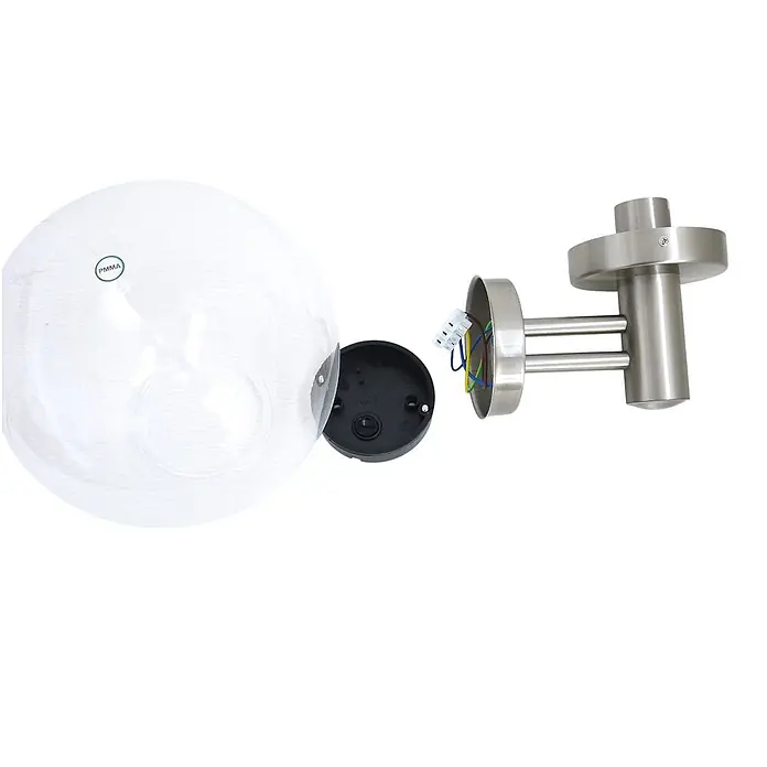 DAPO Außenwandleuchte Außen-Wandleuchte Dubrowk - 25 W, 27 x 25 x 37 cm, Silber, Klar, IP44 - Demontierte Außenwandleuchte mit klarer, kugelförmiger PMMA-Diffusor und gebürstetem Edelstahlgehäuse, Verkabelung sichtbar.