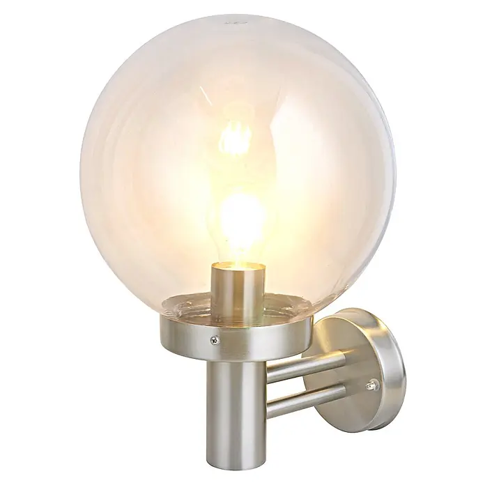 DAPO Außenwandleuchte Außen-Wandleuchte Dubrowk - 25 W, 27 x 25 x 37 cm, Silber, Klar, IP44 - Leuchtende kugelförmige Außenwandleuchte mit Klarglas und gebürstetem Edelstahl.