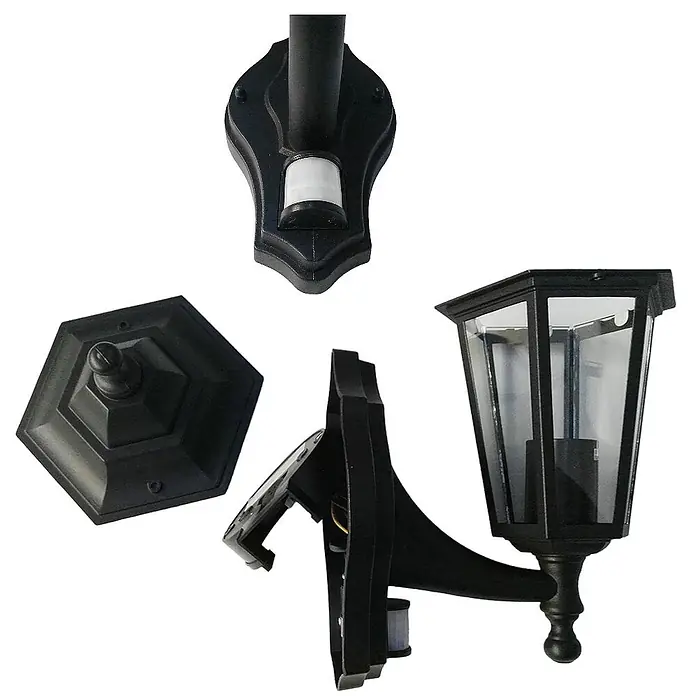 DAPO Außenwandleuchte Außenwandleuchte Kingston mit Sensor Schwarz - 60 W, 22 x 19,5 x 33 cm, Schwarz, Klar, IP44 - Schwarze Solar-Wandleuchte im klassischen Design mit Bewegungsmelder, zerlegt dargestellt.