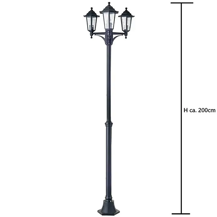 DAPO Kandelaber Kingston 3 flg. schwarz - Farbe Gehäuse: Schwarz, 26 x 26 x 200 cm, Ohne Leuchtmittel - Schwarze Metall-Laternenpfahl mit drei Leuchten, ca. 200cm hoch.