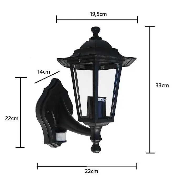 DAPO Außenwandleuchte Außenwandleuchte Kingston mit Sensor Schwarz - 60 W, 22 x 19,5 x 33 cm, Schwarz, Klar, IP44 - Schwarze klassische Laternen-Außenwandleuchte mit Klarglas und integriertem Bewegungssensor.
