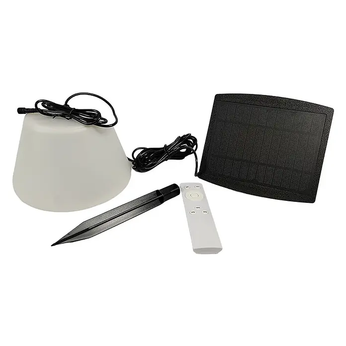 Solar Hängeleuchte Jolla -  - Solarbetriebenes LED-Lampen-Kit mit mattweißer Lampe, schwarzem Solarpanel, Erdspieß und Fernbedienung.