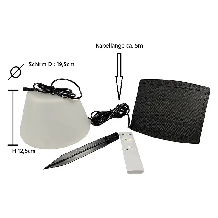 Solar Hängeleuchte Jolla -  - Weiße Solarlampe (H 12,5cm, D 19,5cm) mit schwarzem Solarpanel, Erdspieß und Fernbedienung, verbunden durch ein 5m Kabel.