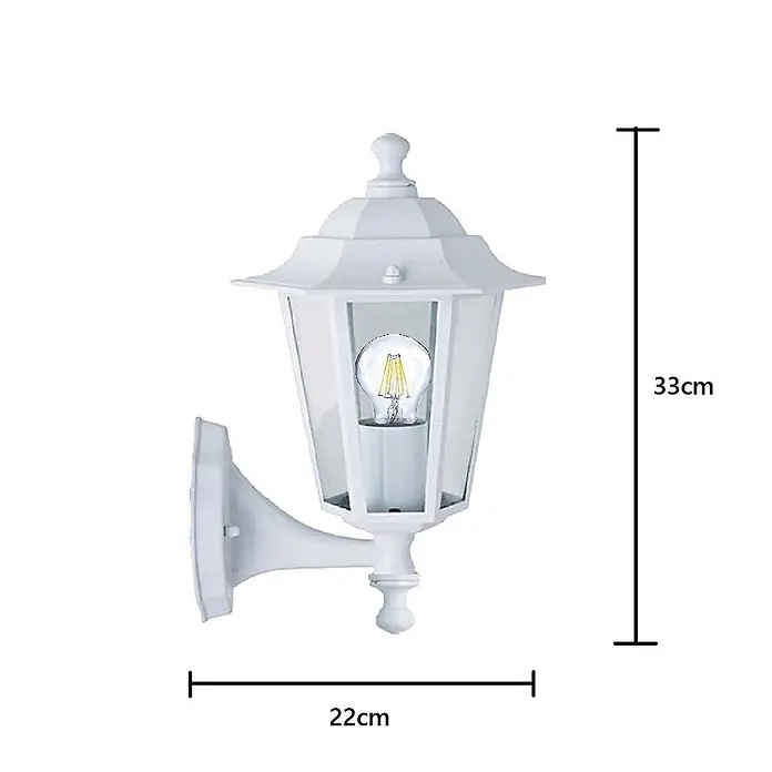 DAPO Außenwandleuchte Außen Wandleuchte Kingston Weiß Fassung E27 - 60 W, 19,5 x 22 x 33 cm, Schwarz, Klar, IP44 - Weiße Wandaußenleuchte mit LED-Filamentbirne, 33 cm hoch, 22 cm breit.