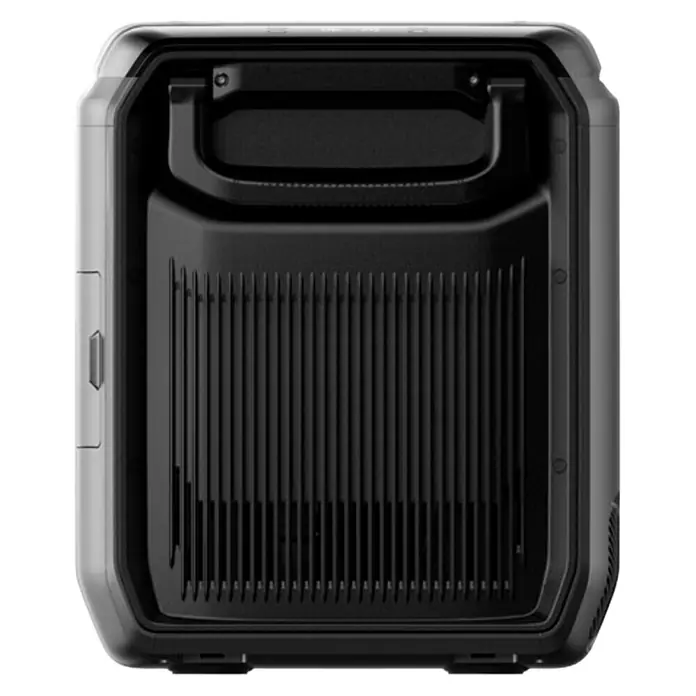EcoFlow Akku-Kühlbox Glacier - 1 Akku, L x B x H: 48 x 70,6 x 40 cm, 45 l - Dunkelgraue, tragbare Powerstation mit integriertem Griff und großer Lüftungsplatte zur Kühlung.