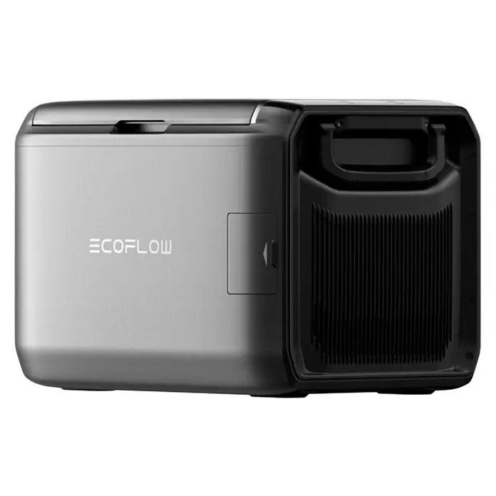 EcoFlow Akku-Kühlbox Glacier - 1 Akku, L x B x H: 48 x 70,6 x 46,6 cm, 55 l - EcoFlow tragbare Powerstation mit silbergrauem Gehäuse, schwarzem Griff und belüfteter Seite.