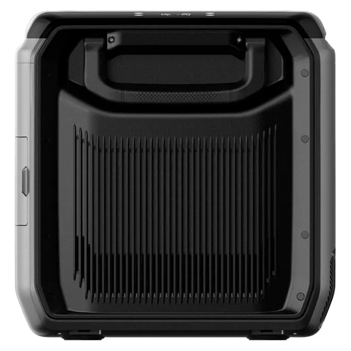 EcoFlow Akku-Kühlbox Glacier - 1 Akku, L x B x H: 48 x 70,6 x 46,6 cm, 55 l - Schwarze portable Powerstation mit stabilem Tragegriff und großem geripptem Lüftungsgitter vorne.