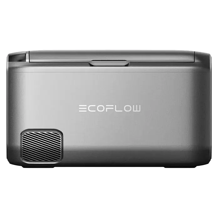 EcoFlow Akku-Kühlbox Glacier - 1 Akku, L x B x H: 40,5 x 70,6 x 40 cm, 35 l - Graue tragbare ECOFLOW Kühlbox/Kühlschrank mit Metallic-Finish und Lüftungsschlitz unten links.