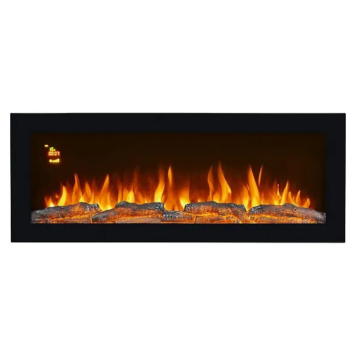 Fulmo Chimenea eléctrica Alaska - 2.000 W, Negro, 12,5 x 101,6 x 40 cm - Chimenea eléctrica negra con llamas realistas sobre leños artificiales. La pantalla digital muestra '15c', '00:07' y un icono de señal.