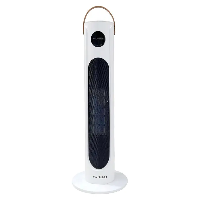 Fulmo Calefactor cerámico Riga - Blanco, 12 x 23 x 62 cm - Calefactor de torre blanco con rejilla negra, pantalla superior y asa marrón. Marcas: MELNO, FULMO.