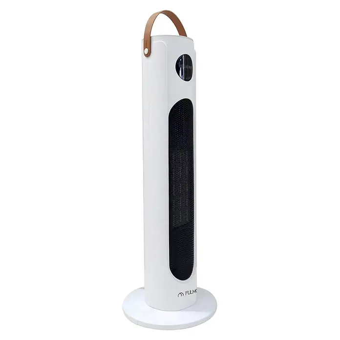 Fulmo Calefactor cerámico Riga - Blanco, 12 x 23 x 62 cm - Calefactor/ventilador de torre blanco con asa marrón, rejilla negra y base redonda.
