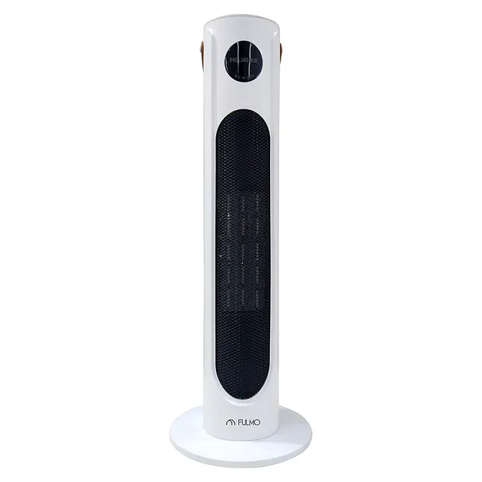 Fulmo Calefactor cerámico Riga - Blanco, 12 x 23 x 62 cm - Calefactor/ventilador de torre blanco con rejilla negra y panel de control, sobre base redonda. Marcas Meling y Fulmo.