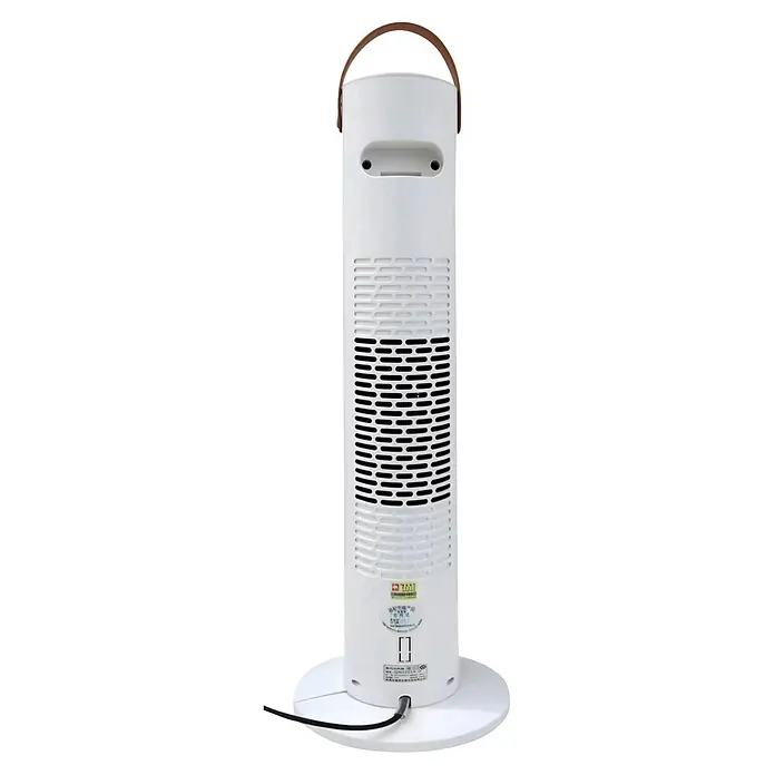 Fulmo Calefactor cerámico Riga - Blanco, 12 x 23 x 62 cm - Calefactor/ventilador de torre blanco con asa superior marrón, rejillas traseras y base redonda con cable de alimentación negro.