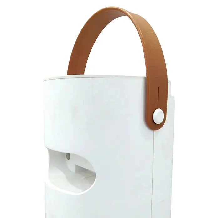 Fulmo Calefactor cerámico Riga - Blanco, 12 x 23 x 62 cm - Dispositivo portátil blanco para tratamiento de aire con asa de cuero sintético marrón y botón blanco.