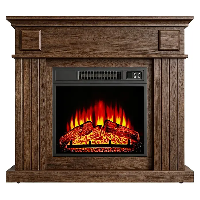 Fulmo Mueble para chimenea Monet - L x An x Al: 26 x 90 x 80,5 cm, Madera, Nogal - Chimenea eléctrica de madera oscura con efecto de llama realista y troncos brillantes, que proporciona calidez y ambiente.