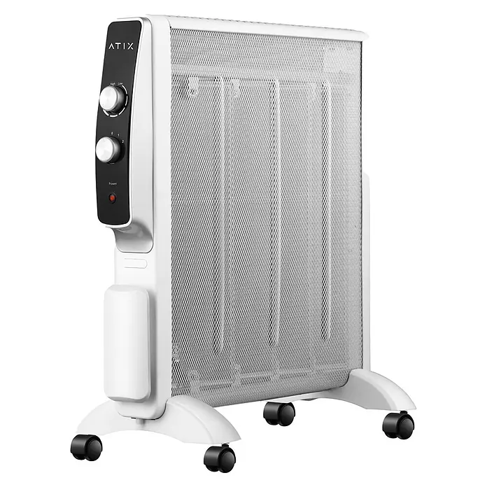 Calefactor radiante de mica Atix - 2.000 W, Blanco, An x Al: 59 x 61,5 cm - Calefactor eléctrico blanco con frontal de rejilla metálica, dos perillas de control, luz de encendido roja y ruedas.