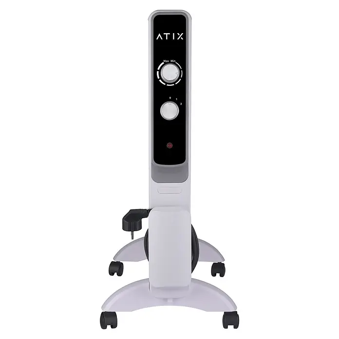 Calefactor radiante de mica Atix - 2.000 W, Blanco, An x Al: 59 x 61,5 cm - Calefactor eléctrico vertical blanco y negro sobre ruedas con dos pomos de control y cable de alimentación enrollado en la parte trasera.