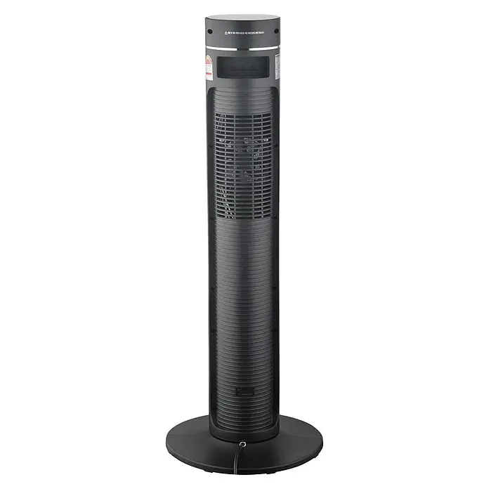 Fulmo Calefactor cerámico Moscu - 2.000 W, Negro, 32 x 32 x 85 cm - Calentador de torre cilíndrico negro con rejillas frontales, panel de control y base redonda. Un cable de alimentación sale de la base.