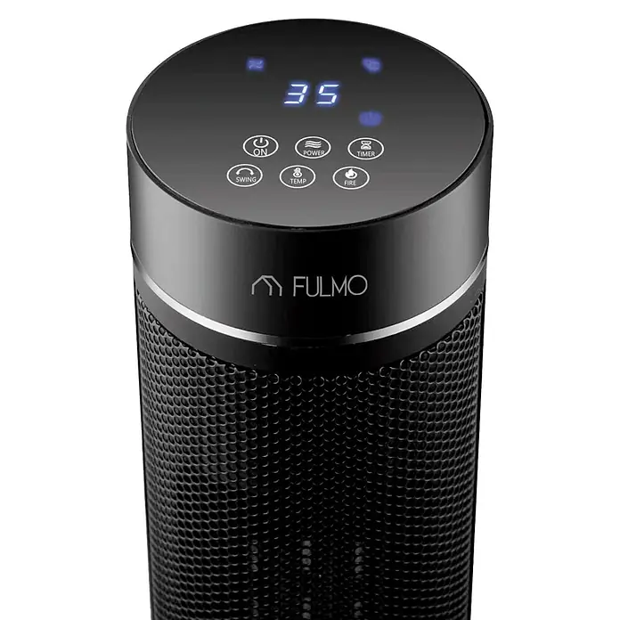 Fulmo Calefactor cerámico Moscu - 2.000 W, Negro, 32 x 32 x 85 cm - Calefactor de torre negro con pantalla digital '35' y botones de control arriba, rejilla de malla y logotipo 'FULMO'.