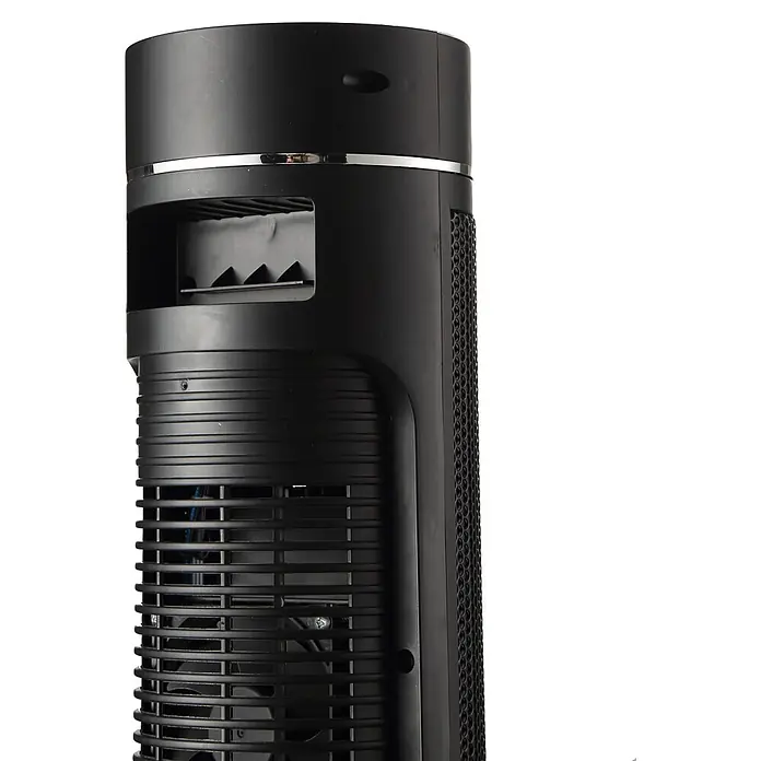 Fulmo Calefactor cerámico Moscu - 2.000 W, Negro, 32 x 32 x 85 cm - Ventilador de torre negro con banda plateada y rejillas verticales.