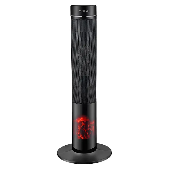 Fulmo Calefactor cerámico Moscu - 2.000 W, Negro, 32 x 32 x 85 cm - Calefactor de torre negro con rejilla de malla, elementos calefactores visibles y fuego brillante simulado en la base.