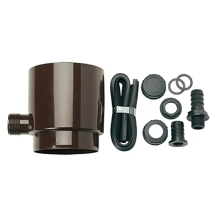 Marley Regensammler - Nennweite: 75 mm, Braun - Ein brauner Regenwasser-Fallrohrfilter mit Zubehör für die Regenwassernutzung im Garten und zur Bewässerung von Pflanzen.