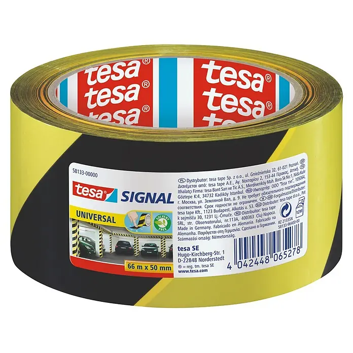 Tesa Cinta de señalización Signal Universal negro y amarillo - An x L: 50 mm x 66 m, Negro/Amarillo - Rollo de cinta de advertencia universal tesa SIGNAL con rayas diagonales negras y amarillas, 66m x 50mm, sin disolventes.