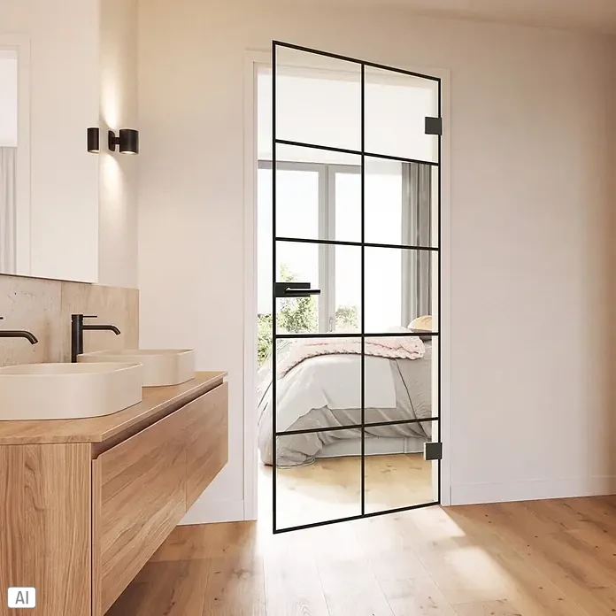Diamond Doors Black Edition Glasdrehtür Loft - 834 x 1.972 mm, DIN Rechts, Klarglas - Schwarz gerahmte Glastür verbindet ein modernes Badezimmer mit Holzwaschtisch mit einem hellen Schlafzimmer und bietet eine stilvolle Raumtrennung.