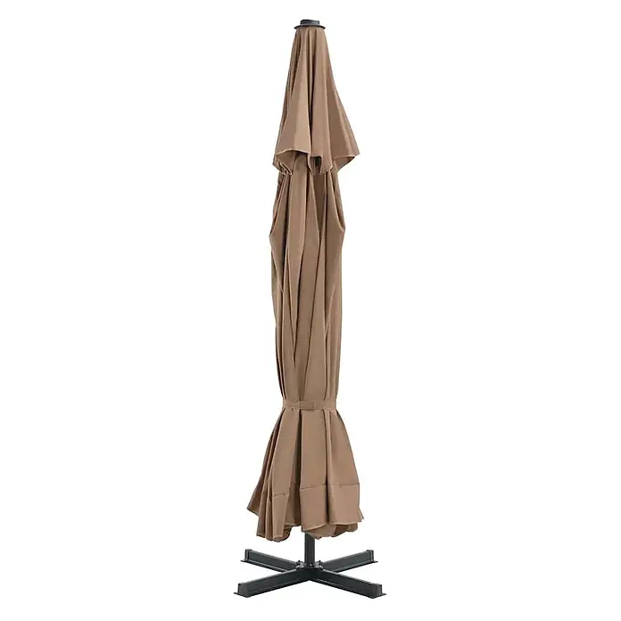 VidaXL Balkonschirm - Taupe - Zusammengeklappter beiger Terrassenschirm auf einem schwarzen Kreuzfuß.
