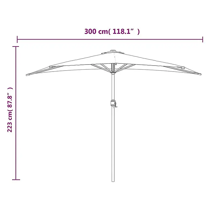 vidaXL Balkon Sonnenschirm mit Alu Mast Grün 300x155 cm Halbrund -  - Linienzeichnung eines geöffneten Terrassenschirms mit angegebenen Maßen.