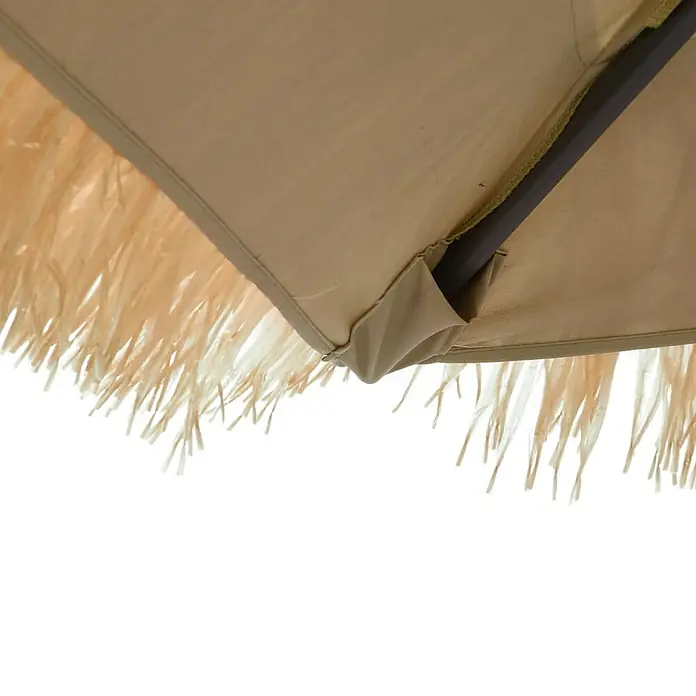 vidaXL Sonnenschirm mit Stahlmast Braun 288x288x225 cm -  - Unterseite eines beigen Sonnenschirmdaches mit hellem Strohfransen und dunkler Stützstrebe.