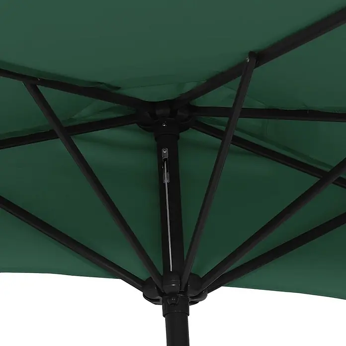 vidaXL Balkon Sonnenschirm mit Alu Mast Grün 300x155 cm Halbrund -  - Unteransicht eines dunkelgrünen Sonnenschirms mit schwarzem Metallrahmen, Mittelstange und Stützrippen.